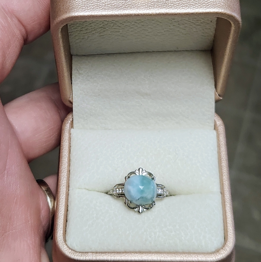 Genuine Larimar S925 Sterling Silver Adjustable Ring, Vintage Antiqued Style - Picture 2 of 11